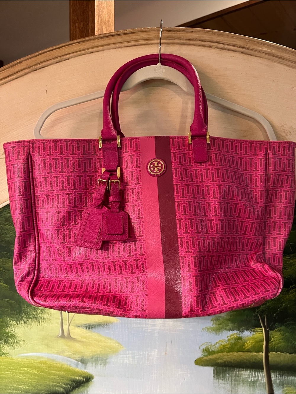 Tory Burch Hot Pink Signature Stripe Tote